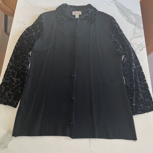 Victoria D'Angelo Silk Cashmere Cardigan w/ Velvet Floral Detail Sweater Black L